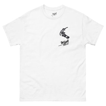 PapiJohn® 🏛️ Sala 5 | The Hidden "S" Grab | Skate Perspective Canvas — Front view of the White Canvas Tee. Featuring a zero-gravity, bottom-up perspective of a flawless ollie grab where precise lines and shadows form the hidden "S" signature of $arah Free 💎 on heavy white cotton. Analytical geometry meets high-end conscious luxury streetwear de autor curated in Cadifornia.