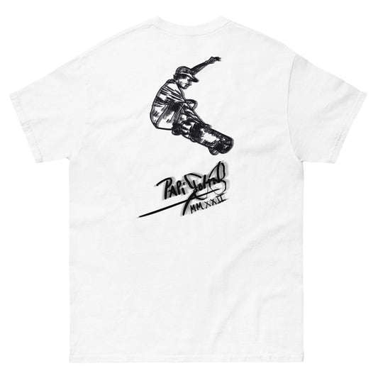 PapiJohn® 🏛️ Sala 5 | The Hidden "S" Grab | Skate Perspective Canvas — Back view highlighting the premium heavyweight cotton drape and flawless structural fit of the White Canvas Tee by $arah Free 💎. Honest luxury apparel merging technical skate culture with wearable art, gestated in Cadifornia.
