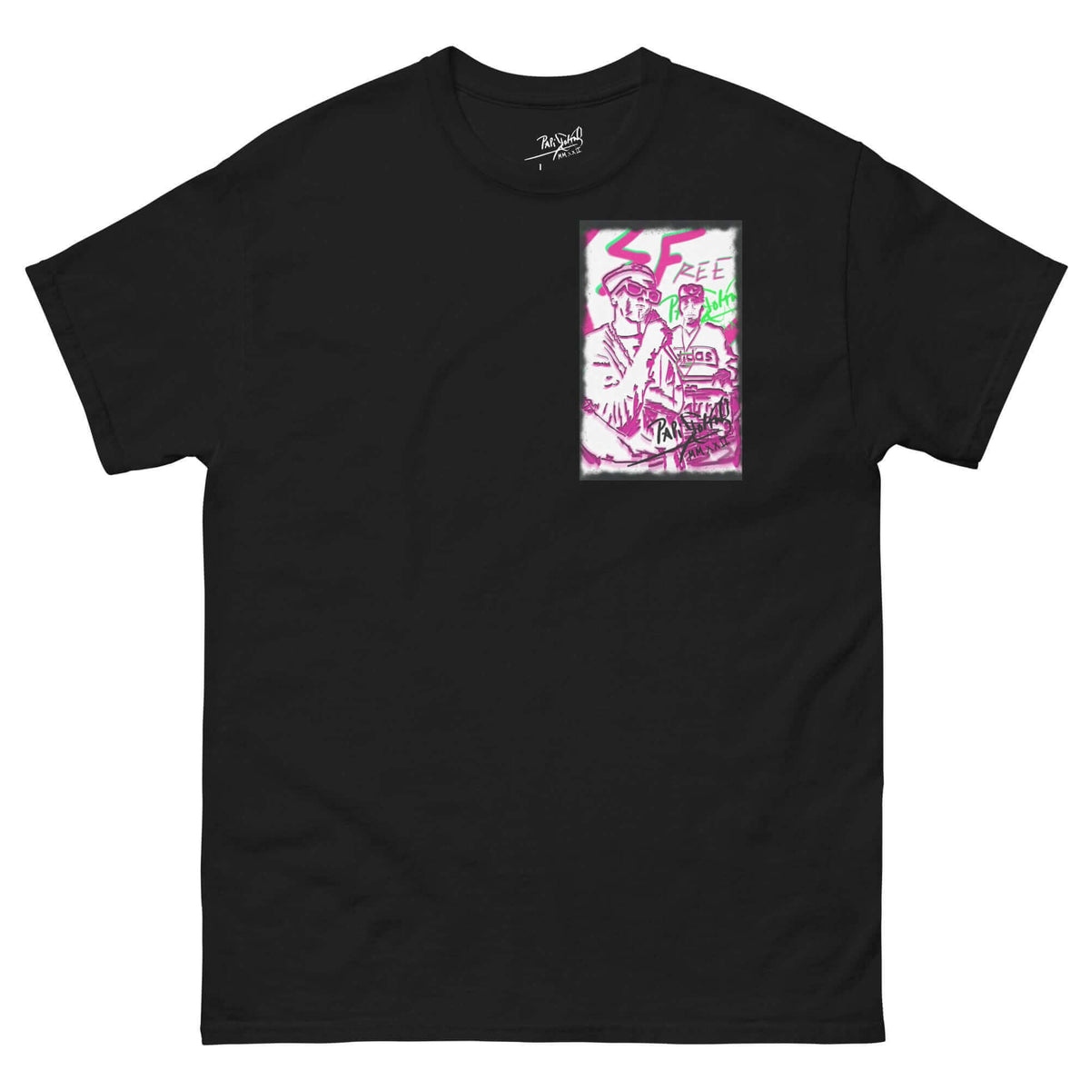 PapiJohn® 🏛️ Sala 5 | Hip Hop Culture | The Urban Tribute — Front view of the Black Canvas Tee. Featuring cinematic Hip Hop tribute artwork with DJ turntables, MC portrait, pink neon highlights, and graffiti strokes in high contrast on heavy black cotton canvas by $arah Free 💎. High-end luxury streetwear de autor curated in Cadifornia.