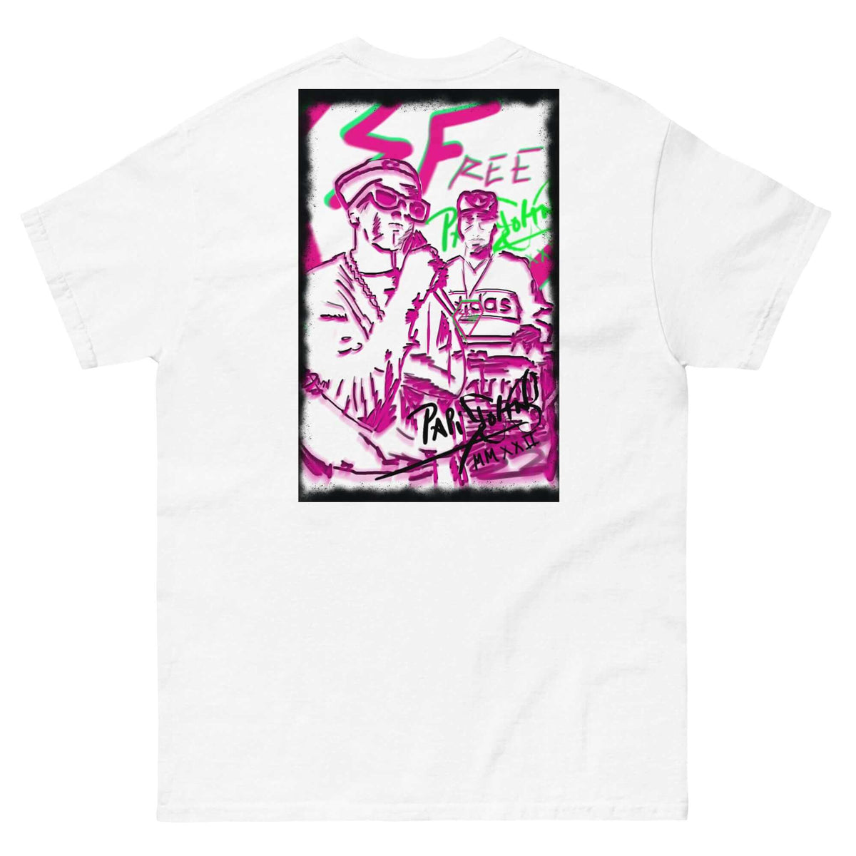 PapiJohn® 🏛️ Sala 5 | Hip Hop Culture | The Urban Tribute — Back view showing the high-density cotton t-shirt silhouette and clean architectural drape of the White Canvas Tee by $arah Free 💎. Gallery archive piece, honest luxury apparel, and wearable art curated in Cadifornia.