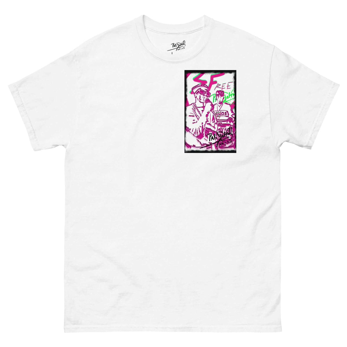 PapiJohn® 🏛️ Sala 5 | Hip Hop Culture | The Urban Tribute — Front view of the White Canvas Tee. Featuring cinematic Hip Hop tribute artwork with DJ turntables, MC portrait, pink neon highlights, and black graffiti strokes on heavy white cotton canvas by $arah Free 💎. High-end luxury streetwear de autor curated in Cadifornia.