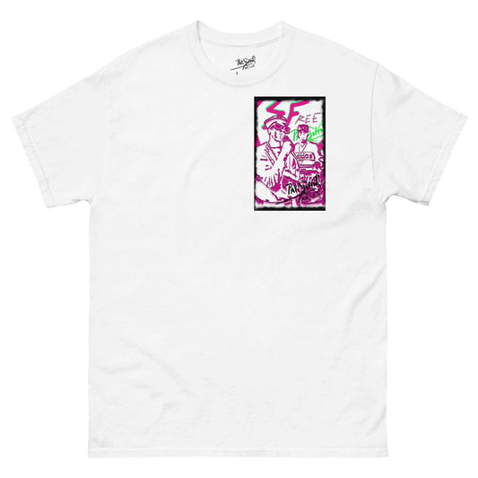 PapiJohn® 🏛️ Sala 5 | Hip Hop Culture | The Urban Tribute — Front view of the White Canvas Tee. Featuring cinematic Hip Hop tribute artwork with DJ turntables, MC portrait, pink neon highlights, and black graffiti strokes on heavy white cotton canvas by $arah Free 💎. High-end luxury streetwear de autor curated in Cadifornia.