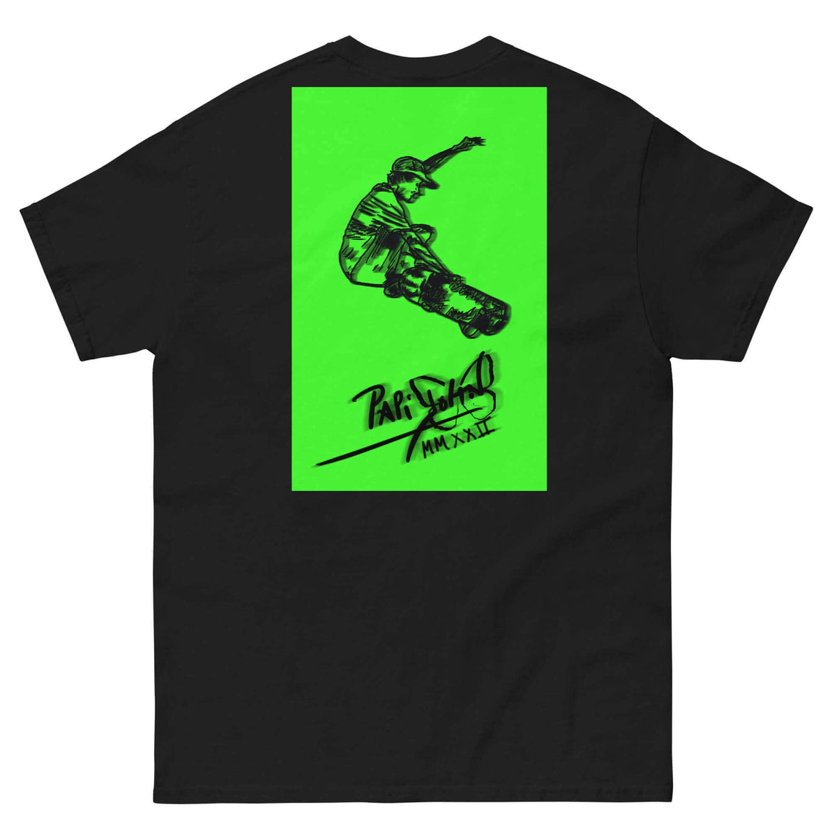 PapiJohn® 🏛️ Sala 5 | The Neon Box | Skate Signature Canvas — Back view showing the premium heavyweight silhouette and architectural drape of the Black Canvas Tee by $arah Free 💎. A gallery-level archive piece merging raw kinetic energy with honest luxury streetwear curated in Cadifornia.