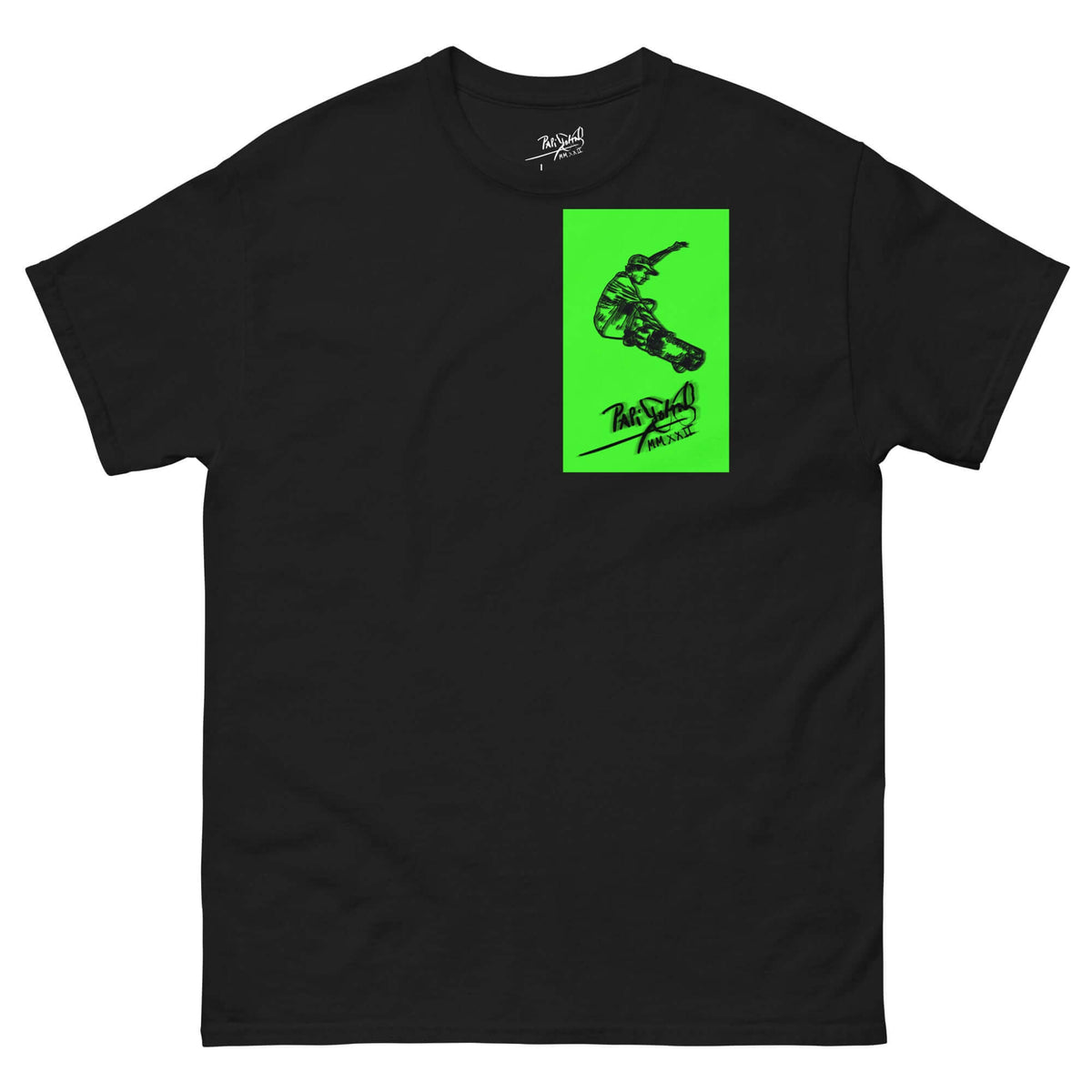 PapiJohn® 🏛️ Sala 5 | The Neon Box | Skate Signature Canvas — Front view of the Black Canvas Tee. Showcasing an acid contrast with a flawless skate ollie graphic enclosed in a vibrant Neon Green geometric box by $arah Free 💎 on heavy black cotton. High-end artist-driven streetwear breathing the heritage of vanguard street poster art.