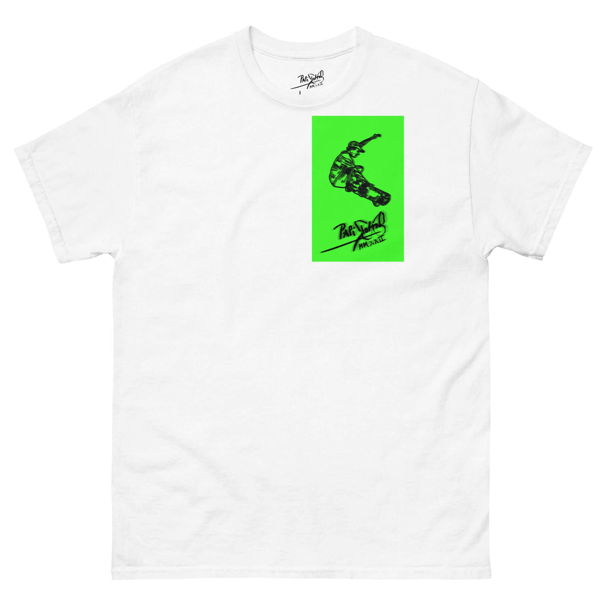 PapiJohn® 🏛️ Sala 5 | The Neon Box | Skate Signature Canvas — Front view of the White Canvas Tee. Featuring the dynamic inertia of a perfect ollie over the classic signature, surgically enclosed in a high-fidelity Neon Green geometric block by $arah Free 💎 on heavy white cotton. High-end conscious luxury streetwear d'auteur curated in Cadifornia.