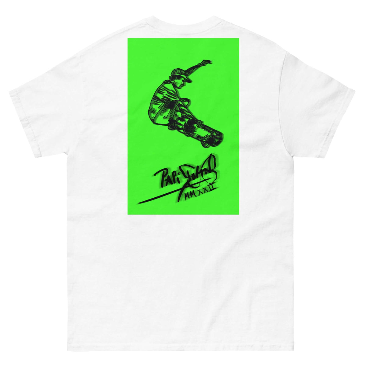 PapiJohn® 🏛️ Sala 5 | The Neon Box | Skate Signature Canvas — Back view highlighting the premium heavyweight cotton drape and flawless structural fit of the White Canvas Tee by $arah Free 💎. Honest luxury apparel merging avant-garde street poster art with kinetic skate culture, gestated in Cadifornia.