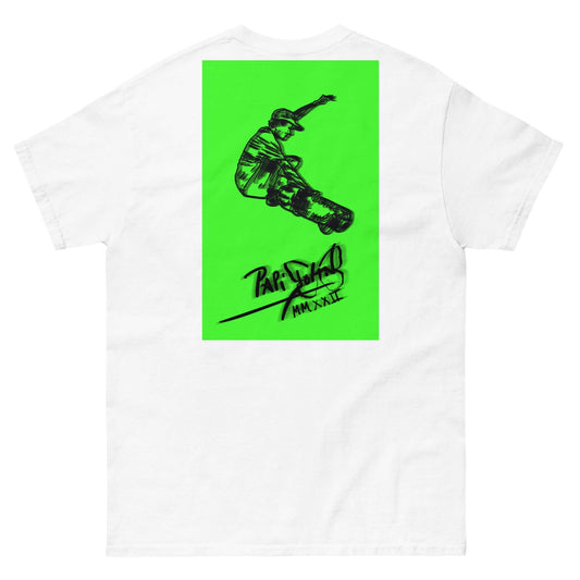 PapiJohn® 🏛️ Sala 5 | The Neon Box | Skate Signature Canvas — Back view highlighting the premium heavyweight cotton drape and flawless structural fit of the White Canvas Tee by $arah Free 💎. Honest luxury apparel merging avant-garde street poster art with kinetic skate culture, gestated in Cadifornia.