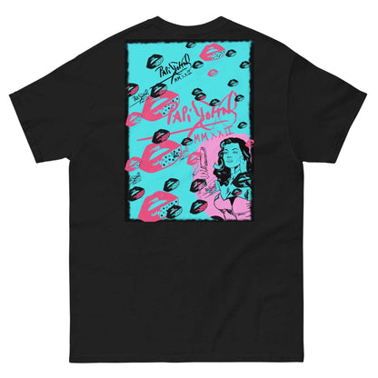 PapiJohn® 🏛️ SALA 5 | POPART KISSES DIVA | THE VINTAGE GLAM — Back view showing the high-density cotton t-shirt silhouette and clean architectural drape of the Black Canvas Tee by $arah Free 💎. Gallery archive piece, honest luxury apparel, and wearable art curated in Cadifornia.