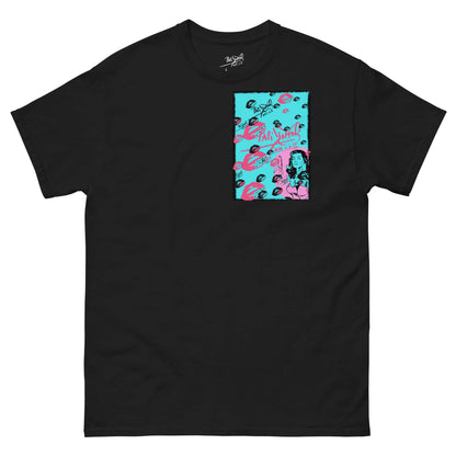 PapiJohn® 🏛️ SALA 5 | POPART KISSES DIVA | THE VINTAGE GLAM — Front view of the Black Canvas Tee. Featuring vintage cinema glam diva portrait artwork with coral lips, pink sparkles, and urban spray graffiti strokes in high contrast on heavy black cotton canvas by $arah Free 💎. High-end luxury streetwear de autor curated in Cadifornia.