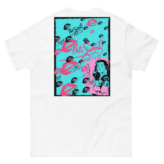 PapiJohn® 🏛️ SALA 5 | POPART KISSES DIVA | THE VINTAGE GLAM — Back view showing the high-density cotton t-shirt silhouette and clean architectural drape of the White Canvas Tee by $arah Free 💎. Gallery archive piece, honest luxury apparel, and wearable art curated in Cadifornia.