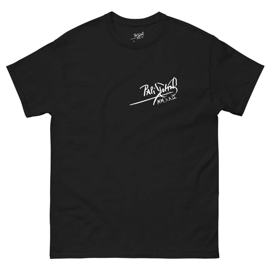 PapiJohn® 🏛️ Sala 5 | The Sketch Collage | Origin Draft Canvas — Front view of the Black Tee. Featuring a pristine white classic house signature on the left chest, establishing monochrome authority by $arah Free 💎. High-end conscious luxury streetwear d'auteur curated in Cadifornia.