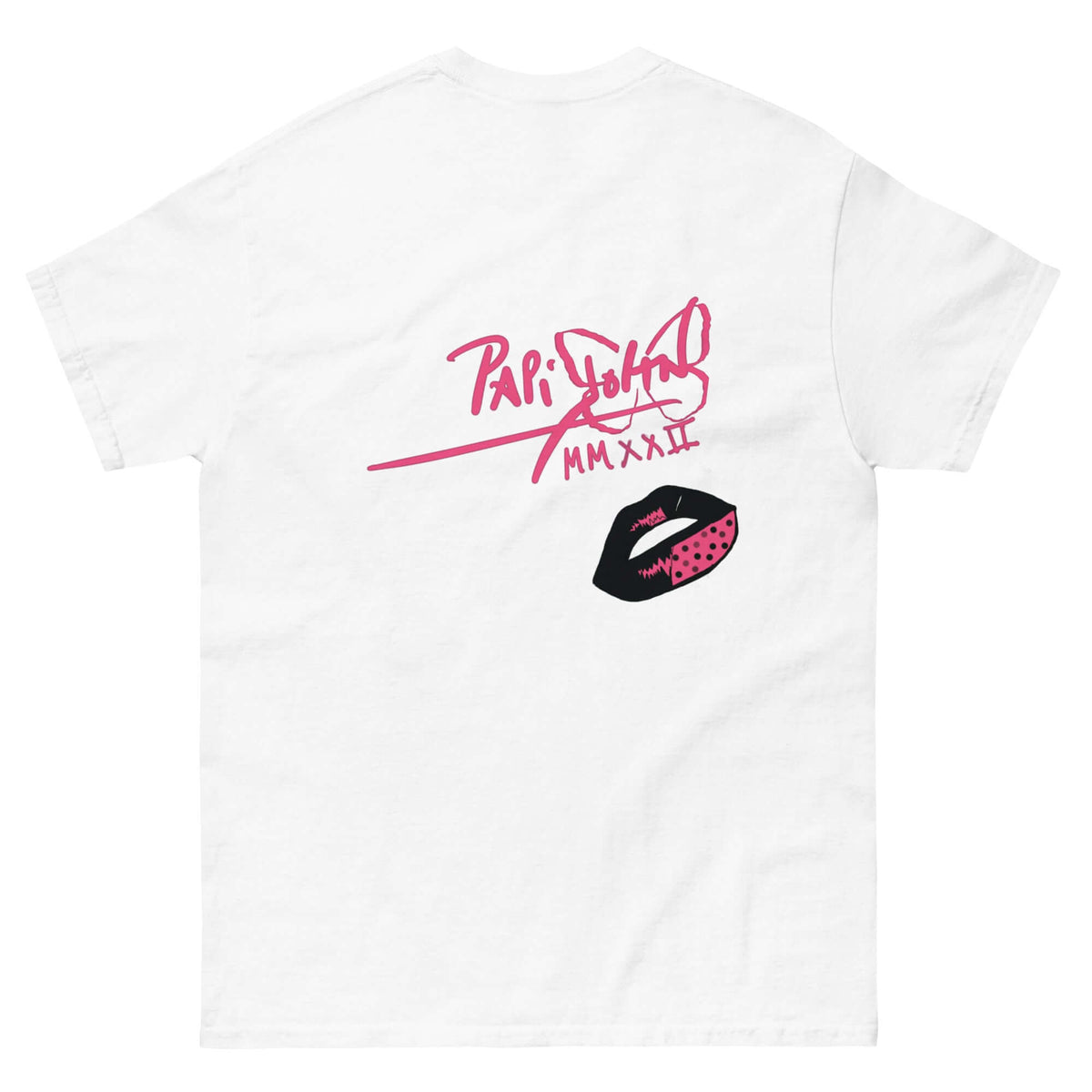 PapiJohn® 🏛️ Sala 5 | The Artpop Kiss | The Coral Signature — Back view highlighting the premium heavyweight cotton drape and flawless structural fit of the White Canvas by $arah Free 💎. Honest luxury apparel and authentic Pop Art wearable culture gestated in Cadifornia.