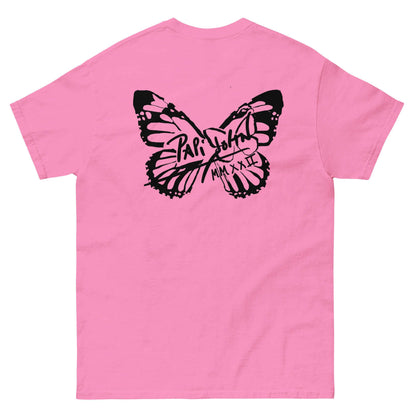 PapiJohn® 🏛️ Sala 5 | The Butterfly Universe | Identity Canvas — Back view showing the full-size solid black signature butterfly artwork across the shoulders of the Azalea Pink Canvas Tee by $arah Free 💎. Gallery archive piece, honest luxury apparel, and wearable art curated in Cadifornia.