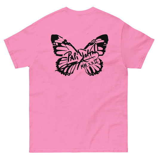 PapiJohn® 🏛️ Sala 5 | The Butterfly Universe | Identity Canvas — Back view showing the full-size solid black signature butterfly artwork across the shoulders of the Azalea Pink Canvas Tee by $arah Free 💎. Gallery archive piece, honest luxury apparel, and wearable art curated in Cadifornia.