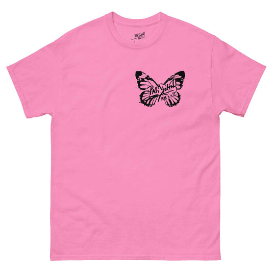 PapiJohn® 🏛️ Sala 5 | The Butterfly Universe | Identity Canvas — Front view of the Azalea Pink Canvas Tee. Featuring the minimalist solid black PapiJohn® butterfly icon on the left chest by $arah Free 💎 on heavy azalea pink cotton canvas. High-end luxury streetwear de autor curated in Cadifornia.