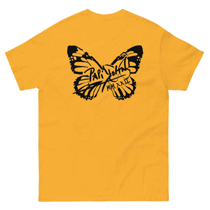 PapiJohn® 🏛️ Sala 5 | The Butterfly Universe | Identity Canvas — Back view showing the full-size solid black signature butterfly artwork across the shoulders of the Gold Canvas Tee by $arah Free 💎. Gallery archive piece, honest luxury apparel, and wearable art curated in Cadifornia.