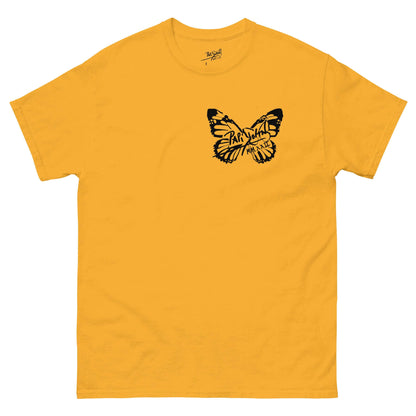 PapiJohn® 🏛️ Sala 5 | The Butterfly Universe | Identity Canvas — Front view of the Gold Canvas Tee. Featuring the minimalist solid black PapiJohn® butterfly icon on the left chest by $arah Free 💎 on heavy gold cotton canvas. High-end luxury streetwear de autor curated in Cadifornia.