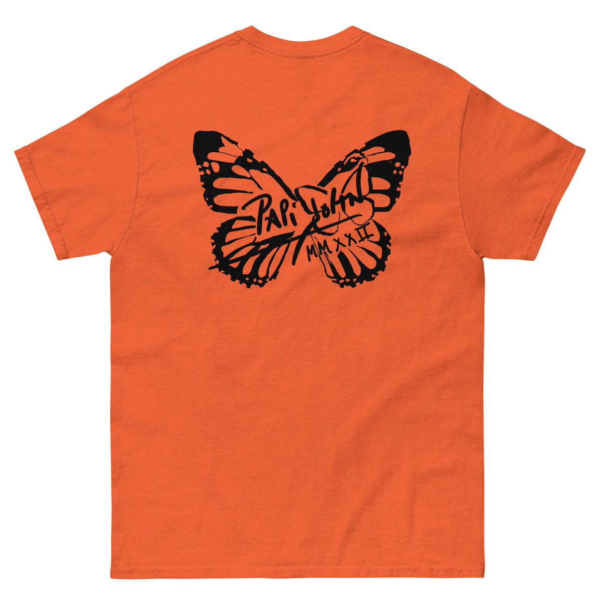 PapiJohn® 🏛️ Sala 5 | The Butterfly Universe | Identity Canvas — Back view showing the full-size solid black signature butterfly artwork across the shoulders of the Orange Canvas Tee by $arah Free 💎. Gallery archive piece, honest luxury apparel, and wearable art curated in Cadifornia.