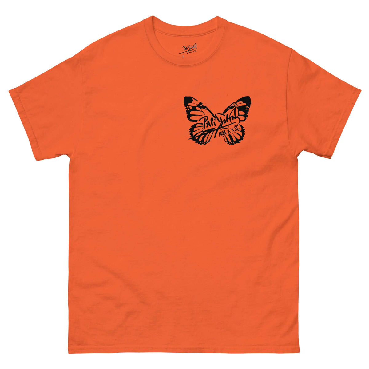 PapiJohn® 🏛️ Sala 5 | The Butterfly Universe | Identity Canvas — Front view of the Orange Canvas Tee. Featuring the minimalist solid black PapiJohn® butterfly icon on the left chest by $arah Free 💎 on heavy orange cotton canvas. High-end luxury streetwear de autor curated in Cadifornia.