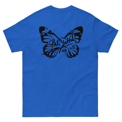 PapiJohn® 🏛️ Sala 5 | The Butterfly Universe | Identity Canvas — Back view showing the full-size solid black signature butterfly artwork across the shoulders of the Royal Blue Canvas Tee by $arah Free 💎. Gallery archive piece, honest luxury apparel, and wearable art curated in Cadifornia.