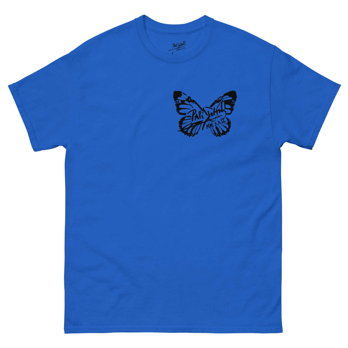 PapiJohn® 🏛️ Sala 5 | The Butterfly Universe | Identity Canvas — Front view of the Royal Blue Canvas Tee. Featuring the minimalist solid black PapiJohn® butterfly icon on the left chest by $arah Free 💎 on heavy royal blue cotton canvas. High-end luxury streetwear de autor curated in Cadifornia.