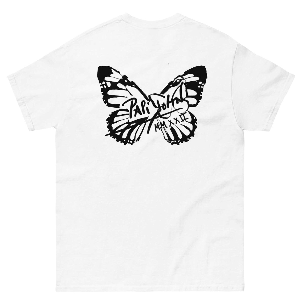 PapiJohn® 🏛️ Sala 5 | The Butterfly Universe | Identity Canvas — Back view showing the full-size solid black signature butterfly artwork across the shoulders of the White Canvas Tee by $arah Free 💎. Gallery archive piece, honest luxury apparel, and wearable art curated in Cadifornia.