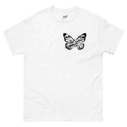 PapiJohn® 🏛️ Sala 5 | The Butterfly Universe | Identity Canvas — Front view of the White Canvas Tee. Featuring the minimalist solid black PapiJohn® butterfly icon on the left chest by $arah Free 💎 on heavy white cotton canvas. High-end luxury streetwear de autor curated in Cadifornia.