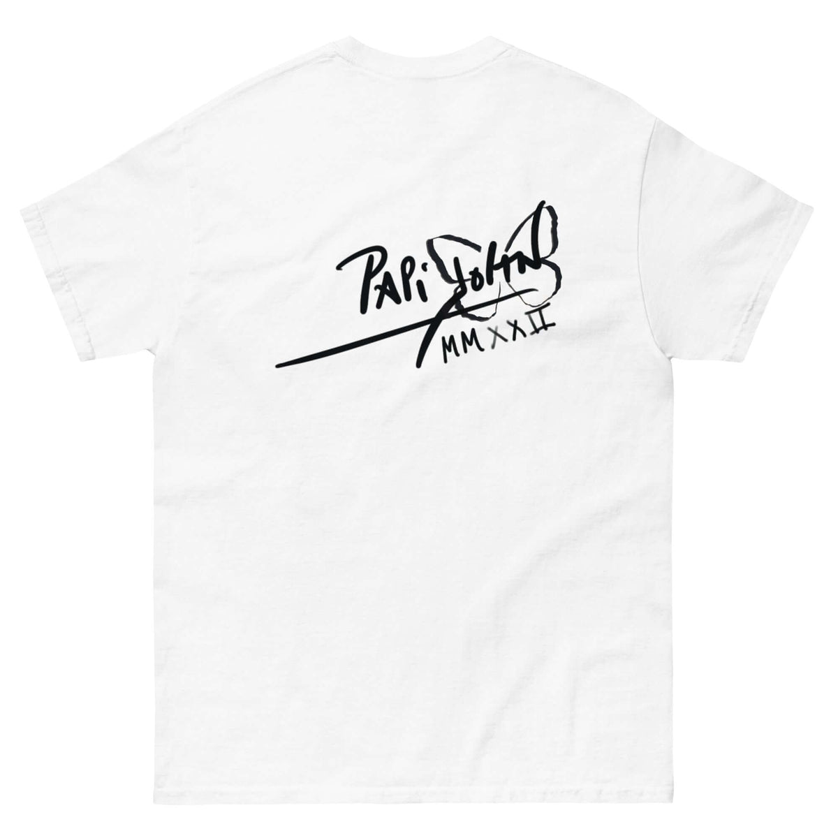 PapiJohn® 🏛️ Sala 5 | The Classic Messenger | Hip Hop Art Piece — Back view of the White Canvas Tee. Displaying the PapiJohn® classic icon signature logo positioned across the back shoulders by $arah Free 💎. Gallery archive piece, honest luxury apparel, and wearable art curated in Cadifornia.