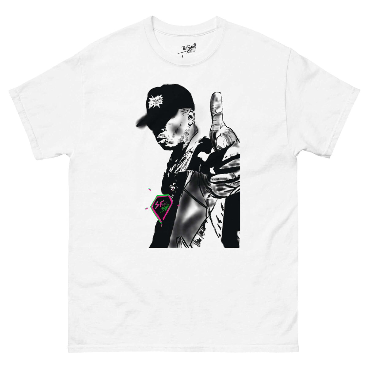 PapiJohn® 🏛️ Sala 5 | The Classic Messenger | Hip Hop Art Piece — Front view of the White Canvas Tee. Featuring detailed old school rapper artwork by $arah Free 💎 wearing a signature cloud graphic cap and fuchsia flash pendant on heavy white cotton canvas. High-end conscious luxury streetwear de autor curated in Cadifornia.
