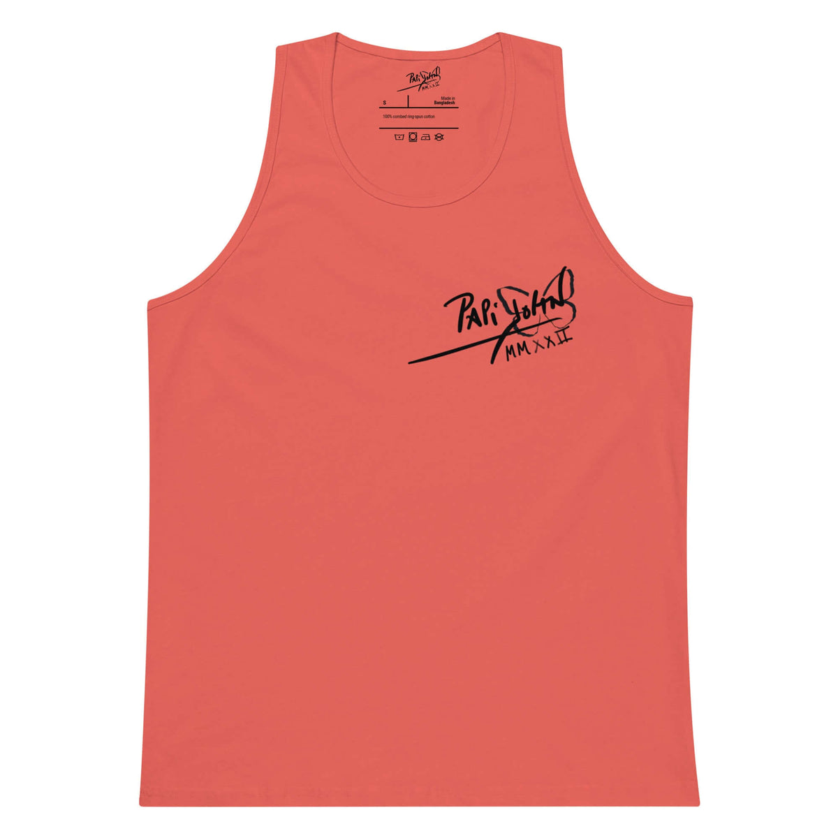 Front view of the coral tank top SALA 5 | The Classic Signature | The Premium Tank by PapiJohn®. Signature icon mark on coral canvas by $arah Free 💎 artist-driven streetwear.