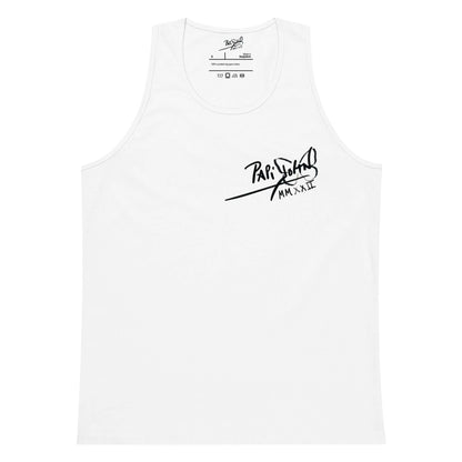 Front view of the white canvas tank top SALA 5 | The Classic Signature | The Premium Tank by PapiJohn®. Signature icon mark placement by $arah Free 💎 artist-driven streetwear.