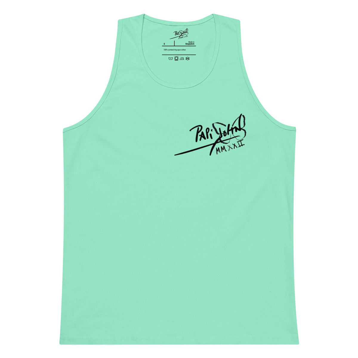 Front view of the mint green tank top SALA 5 | The Classic Signature | The Premium Tank by PapiJohn®. Mint canvas showcasing the signature icon mark by $arah Free 💎 artist uniform streetwear.