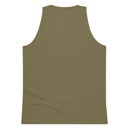 Back view of the minimalist military green tank top SALA 5 | The Classic Signature | The Premium Tank by PapiJohn®. Clean back drape aesthetic on military green canvas, rebel luxury by $arah Free 💎.