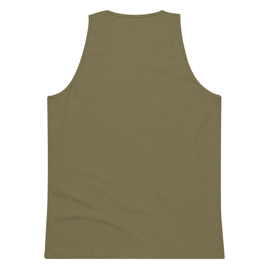 Back view of the minimalist military green tank top SALA 5 | The Classic Signature | The Premium Tank by PapiJohn®. Clean back drape aesthetic on military green canvas, rebel luxury by $arah Free 💎.