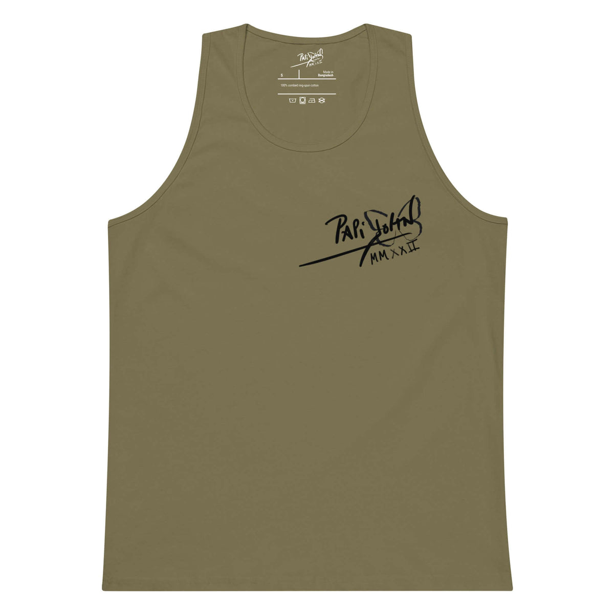 Front view of the military green tank top SALA 5 | The Classic Signature | The Premium Tank by PapiJohn®. Military green canvas with signature icon mark by $arah Free 💎 artist-driven streetwear.