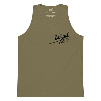 Front view of the military green tank top SALA 5 | The Classic Signature | The Premium Tank by PapiJohn®. Military green canvas with signature icon mark by $arah Free 💎 artist-driven streetwear.