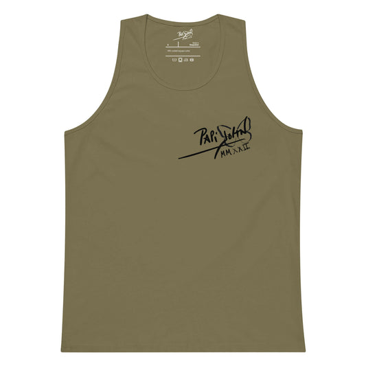 Front view of the military green tank top SALA 5 | The Classic Signature | The Premium Tank by PapiJohn®. Military green canvas with signature icon mark by $arah Free 💎 artist-driven streetwear.