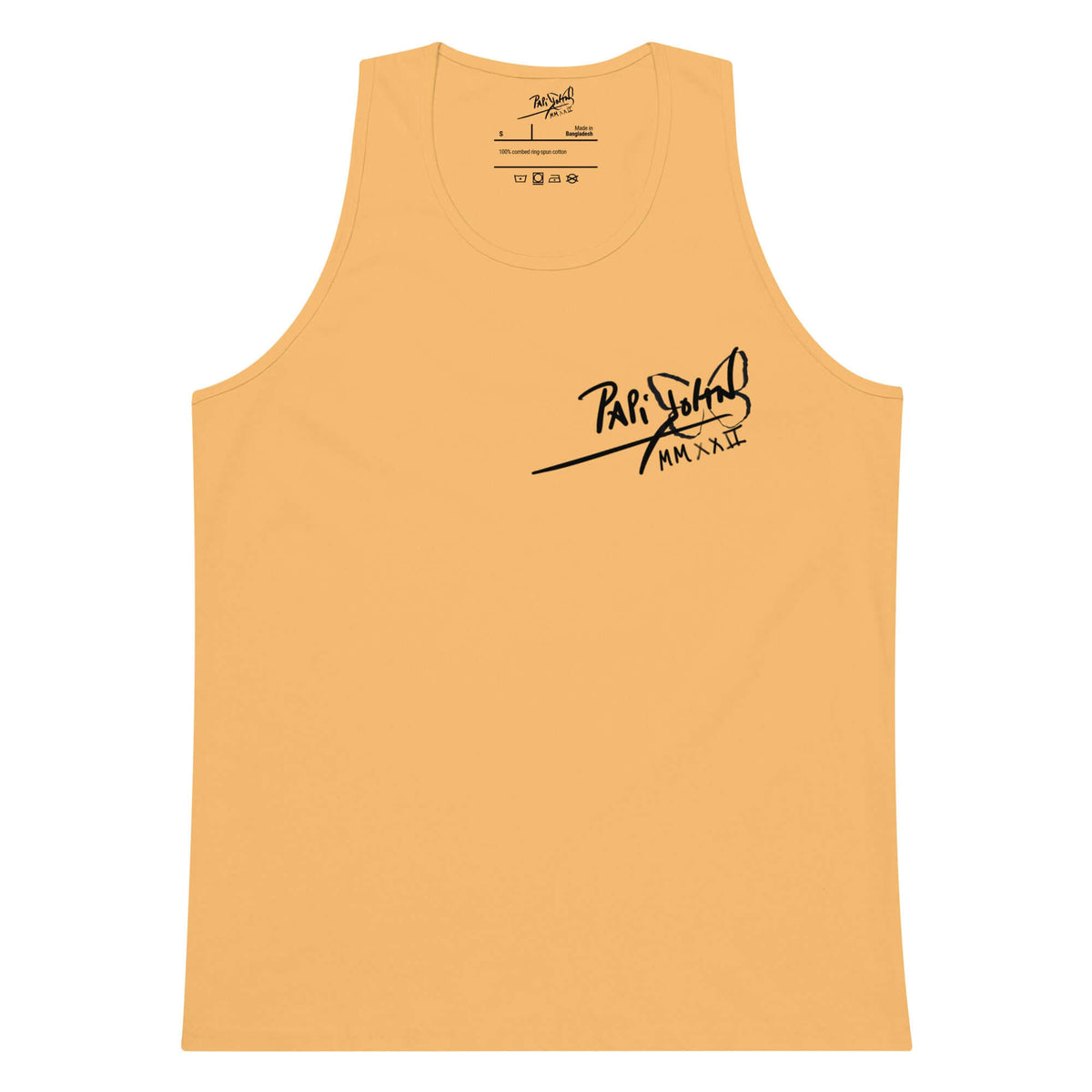 Front view of the squash yellow tank top SALA 5 | The Classic Signature | The Premium Tank by PapiJohn®. Signature icon mark on mustard yellow canvas by $arah Free 💎 artist-driven streetwear.
