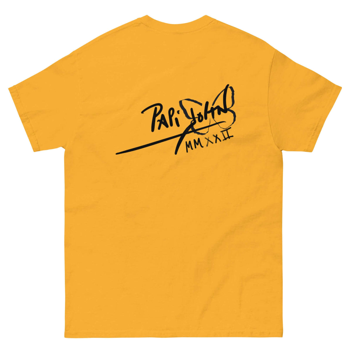 PapiJohn® 🏛️ Sala 5 | The Color Messenger | Vibrant Hip Hop Canvas — Back view of the Gold Canvas Tee. Displaying the PapiJohn® classic icon signature logo positioned across the back shoulders by $arah Free 💎. Gallery archive piece, honest luxury apparel, and wearable art curated in Cadifornia.