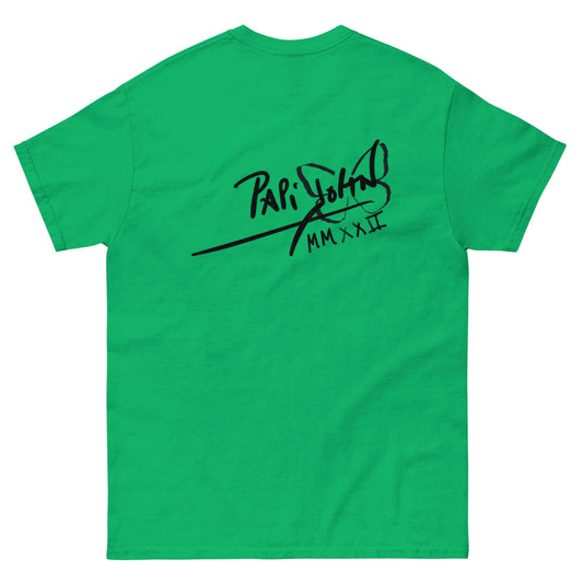 PapiJohn® 🏛️ Sala 5 | The Color Messenger | Vibrant Hip Hop Canvas — Back view of the Irish Green Canvas Tee. Displaying the PapiJohn® classic icon signature logo positioned across the back shoulders by $arah Free 💎. Gallery archive piece, honest luxury apparel, and wearable art curated in Cadifornia.