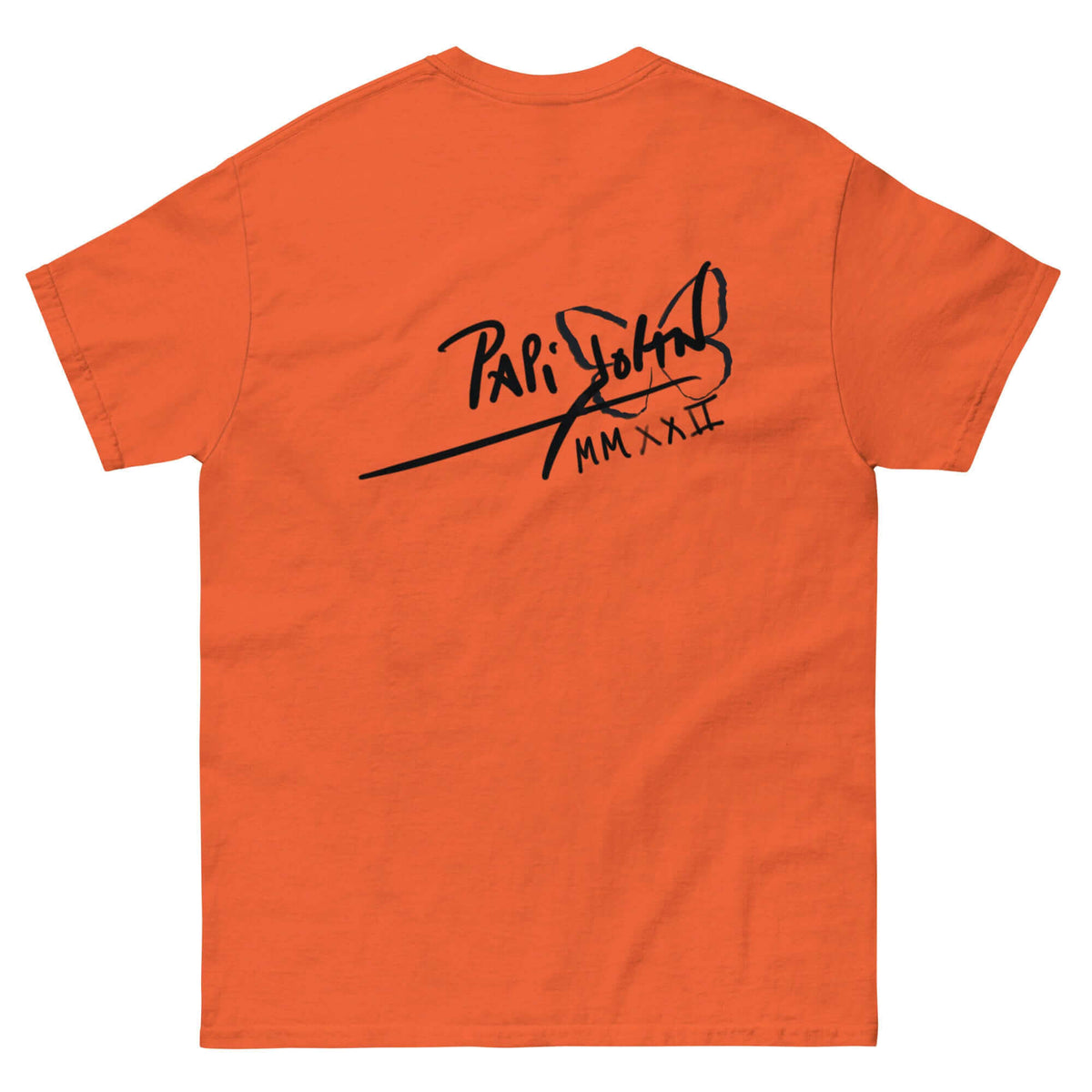 PapiJohn® 🏛️ Sala 5 | The Color Messenger | Vibrant Hip Hop Canvas — Back view of the Orange Canvas Tee. Displaying the PapiJohn® classic icon signature logo positioned across the back shoulders by $arah Free 💎. Gallery archive piece, honest luxury apparel, and wearable art curated in Cadifornia.
