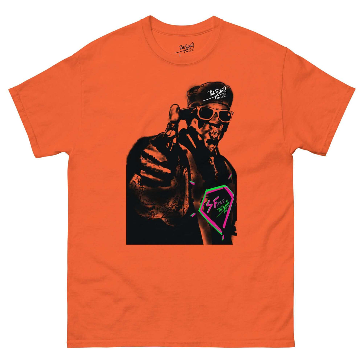 PapiJohn® 🏛️ Sala 5 | The Color Messenger | Vibrant Hip Hop Canvas — Front view of the Orange Canvas Tee. Featuring vibrant old school rapper graffiti artwork on heavy orange cotton canvas by $arah Free 💎. High-end conscious luxury streetwear de autor curated in Cadifornia.