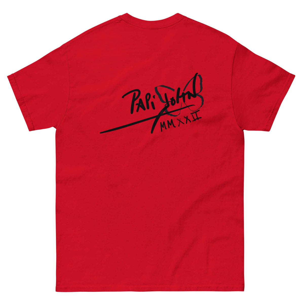 PapiJohn® 🏛️ Sala 5 | The Color Messenger | Vibrant Hip Hop Canvas — Back view of the Red Canvas Tee. Displaying the PapiJohn® classic icon signature logo positioned across the back shoulders by $arah Free 💎. Gallery archive piece, honest luxury apparel, and wearable art curated in Cadifornia.