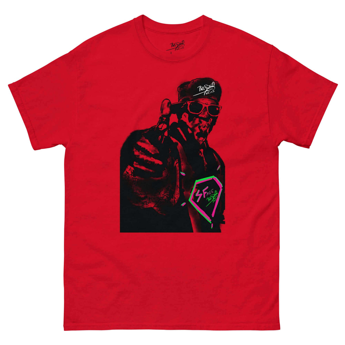 PapiJohn® 🏛️ Sala 5 | The Color Messenger | Vibrant Hip Hop Canvas — Front view of the Red Canvas Tee. Featuring vibrant old school rapper graffiti artwork on heavy red cotton canvas by $arah Free 💎. High-end conscious luxury streetwear de autor curated in Cadifornia.