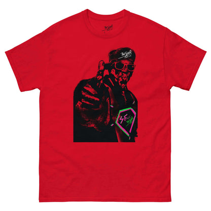 PapiJohn® 🏛️ Sala 5 | The Color Messenger | Vibrant Hip Hop Canvas — Front view of the Red Canvas Tee. Featuring vibrant old school rapper graffiti artwork on heavy red cotton canvas by $arah Free 💎. High-end conscious luxury streetwear de autor curated in Cadifornia.