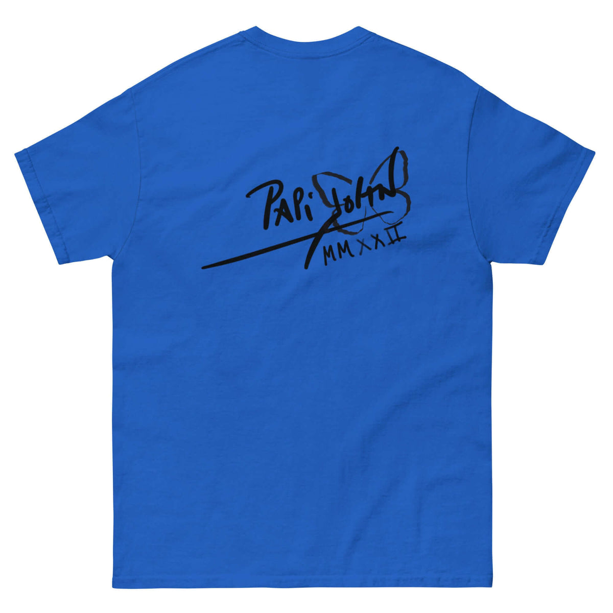 PapiJohn® 🏛️ Sala 5 | The Color Messenger | Vibrant Hip Hop Canvas — Back view of the Royal Blue Canvas Tee. Displaying the PapiJohn® classic icon signature logo positioned across the back shoulders by $arah Free 💎. Gallery archive piece, honest luxury apparel, and wearable art curated in Cadifornia.