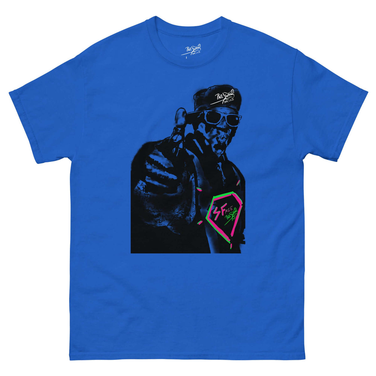 PapiJohn® 🏛️ Sala 5 | The Color Messenger | Vibrant Hip Hop Canvas — Front view of the Royal Blue Canvas Tee. Featuring vibrant old school rapper graffiti artwork on heavy royal blue cotton canvas by $arah Free 💎. High-end conscious luxury streetwear de autor curated in Cadifornia.