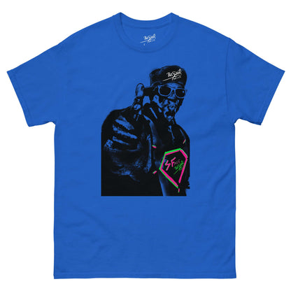 PapiJohn® 🏛️ Sala 5 | The Color Messenger | Vibrant Hip Hop Canvas — Front view of the Royal Blue Canvas Tee. Featuring vibrant old school rapper graffiti artwork on heavy royal blue cotton canvas by $arah Free 💎. High-end conscious luxury streetwear de autor curated in Cadifornia.