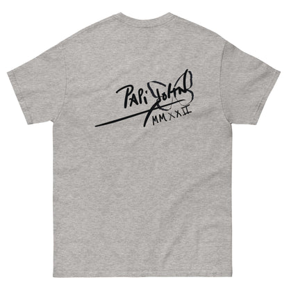 PapiJohn® 🏛️ Sala 5 | The Color Messenger | Vibrant Hip Hop Canvas — Back view of the Sport Grey Canvas Tee. Displaying the PapiJohn® classic icon signature logo positioned across the back shoulders by $arah Free 💎. Gallery archive piece, honest luxury apparel, and wearable art curated in Cadifornia.