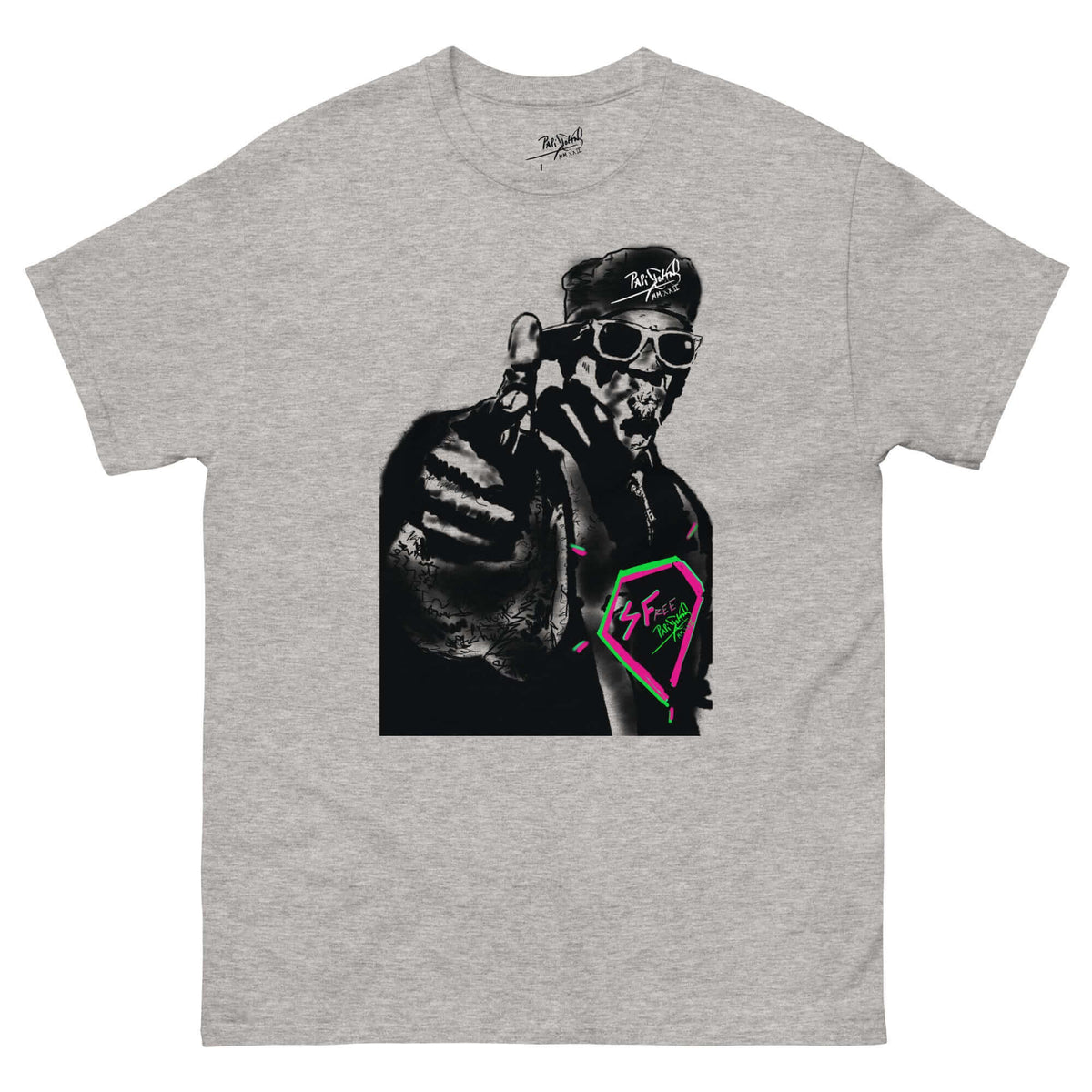 PapiJohn® 🏛️ Sala 5 | The Color Messenger | Vibrant Hip Hop Canvas — Front view of the Sport Grey Canvas Tee. Featuring vibrant old school rapper graffiti artwork on heavy sport grey cotton canvas by $arah Free 💎. High-end conscious luxury streetwear de autor curated in Cadifornia.